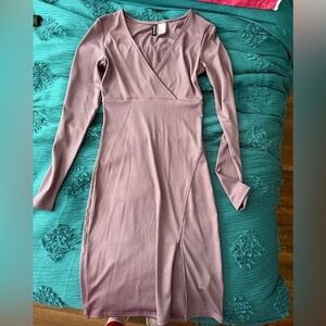 H&M Mauve Ribbed Long-Sleeve Wrap Dress